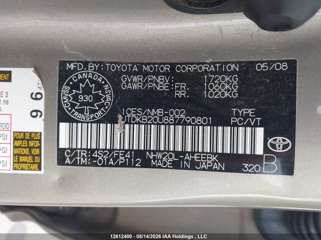 Продаж на аукціоні авто 2008 Toyota Prius, vin: JTDKB20U887790801, номер лоту: 12612400