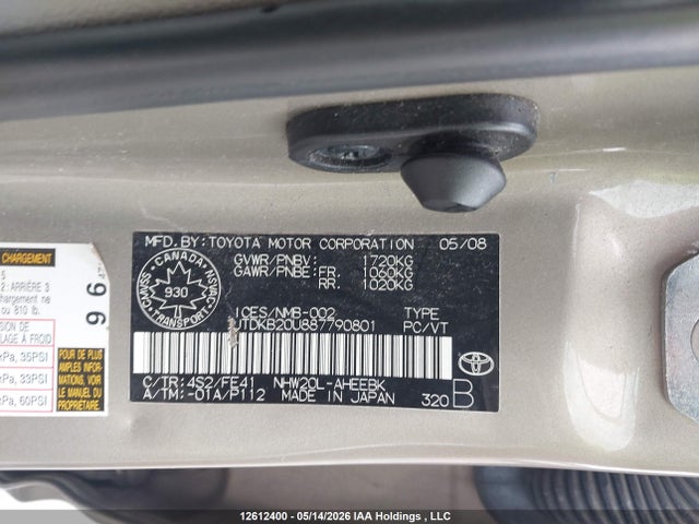 Продаж на аукціоні авто 2008 Toyota Prius, vin: JTDKB20U887790801, номер лоту: 12612400