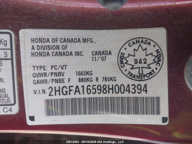 2008 Honda Civic Lx მანქანა იყიდება აუქციონზე, vin: 2HGFA16598H004394, აუქციონის ნომერი: 12612403