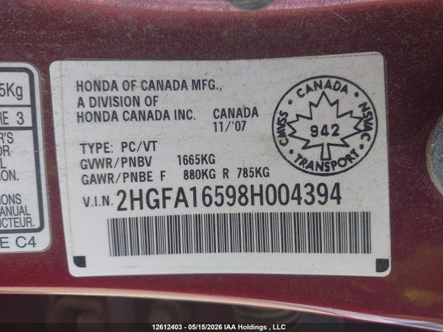 2008 Honda Civic Lx მანქანა იყიდება აუქციონზე, vin: 2HGFA16598H004394, აუქციონის ნომერი: 12612403