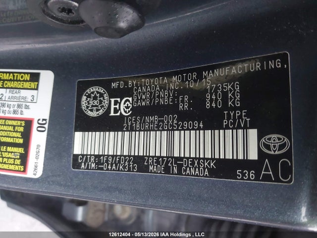12612404 :رقم المزاد ، 2T1BURHE2GC529094 vin ، 2016 Toyota Corolla S مزاد بيع