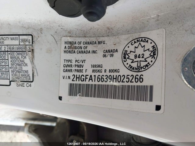 12612407 :رقم المزاد ، 2HGFA16639H025266 vin ، 2009 Honda Civic Lx-s مزاد بيع