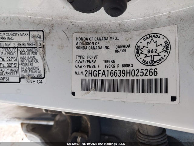 12612407 :رقم المزاد ، 2HGFA16639H025266 vin ، 2009 Honda Civic Lx-s مزاد بيع