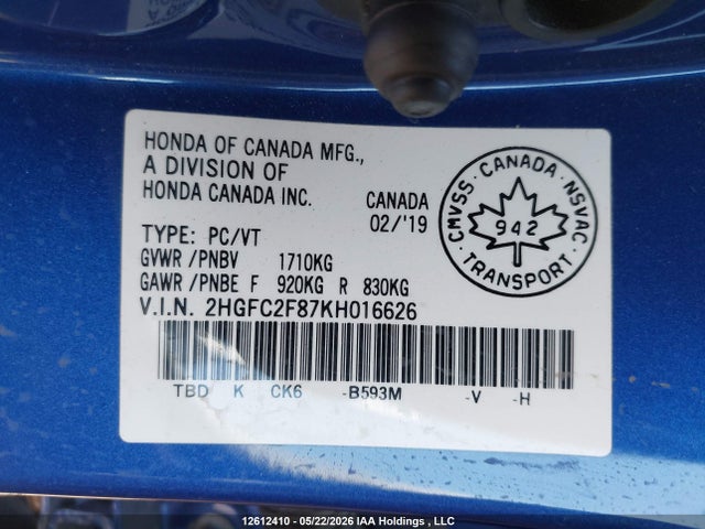 12612410 :رقم المزاد ، 2HGFC2F87KH016626 vin ، 2019 Honda Civic مزاد بيع