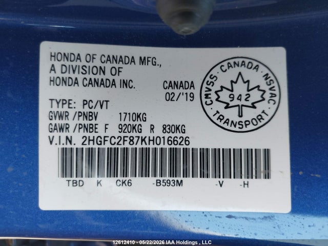 12612410 :رقم المزاد ، 2HGFC2F87KH016626 vin ، 2019 Honda Civic مزاد بيع