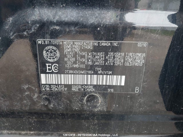 12612415 :رقم المزاد ، 2T3RK4DV2AW021864 vin ، 2010 Toyota Rav4 Sport مزاد بيع