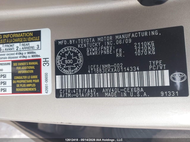 12612418 :رقم المزاد ، 4T1BB3EKXAU114334 vin ، 2010 Toyota Camry Hybrid مزاد بيع