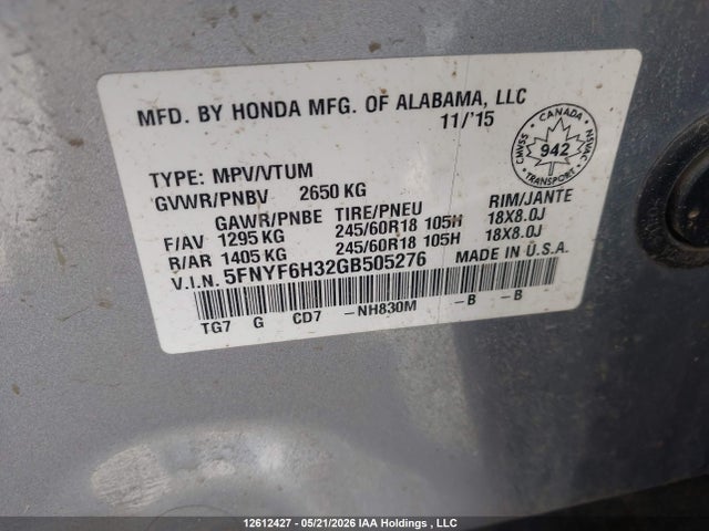 2016 Honda Pilot Ex მანქანა იყიდება აუქციონზე, vin: 5FNYF6H32GB505276, აუქციონის ნომერი: 12612427