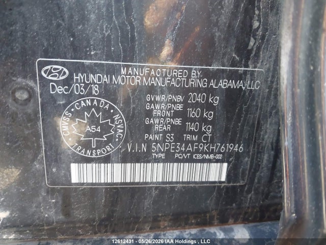 Продаж на аукціоні авто 2019 Hyundai Sonata Limited/sel/sport, vin: 5NPE34AF9KH761946, номер лоту: 12612431