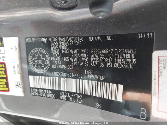 2011 Toyota Sienna V6 7 Passenger მანქანა იყიდება აუქციონზე, vin: 5TDZK3DC1BS144499, აუქციონის ნომერი: 12612433