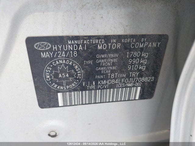 Продажа на аукционе авто 2018 Hyundai Elantra Gl, vin: KMHD84LF0JU708823, номер лота: 12612434
