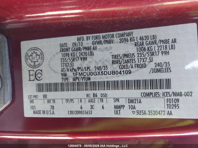 Aukcja sprzedaży 2013 Ford Escape Se, vin: 1FMCU0GX5DUB04109, numer aukcji: 12604578