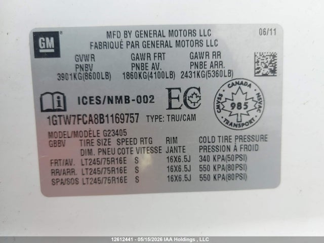 Aukcja sprzedaży 2011 Gmc Savana G2500, vin: 1GTW7FCA8B1169757, numer aukcji: 12612441