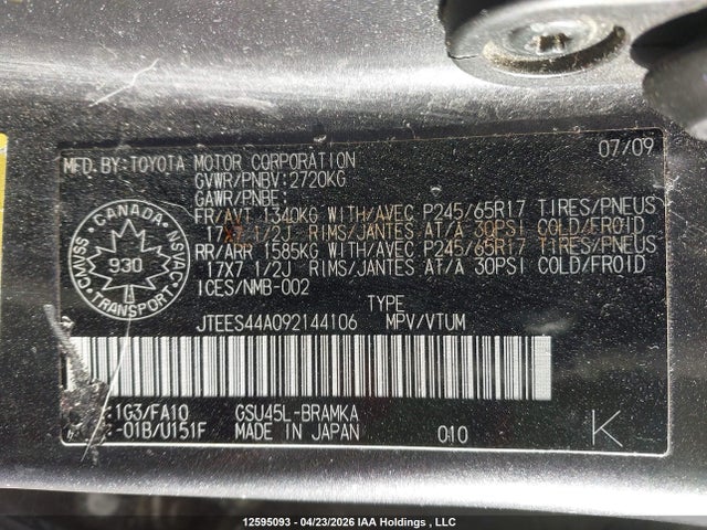 12595093 :رقم المزاد ، JTEES44A092144106 vin ، 2009 Toyota Highlander V6 مزاد بيع
