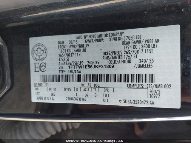 Продажа на аукционе авто 2018 Ford F-150 Xlt, vin: 1FTFW1E56JKF31809, номер лота: 12599210