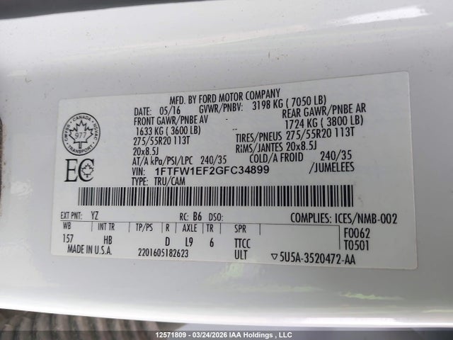Продажа на аукционе авто 2016 Ford F-150 Lariat, vin: 1FTFW1EF2GFC34899, номер лота: 12571809