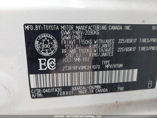 2021 Toyota Rav4 Xle მანქანა იყიდება აუქციონზე, vin: 2T3R1RFV9MC241070, აუქციონის ნომერი: 12612447
