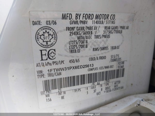 Продаж на аукціоні авто 2006 Ford F-350 Lariat/xl/xlt, vin: 1FTWW31PX6ED25613, номер лоту: 12375160
