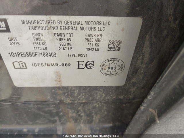 Продажа на аукционе авто 2015 Chevrolet Cruze 2lt, vin: 1G1PE5SB0F7188409, номер лота: 12607642