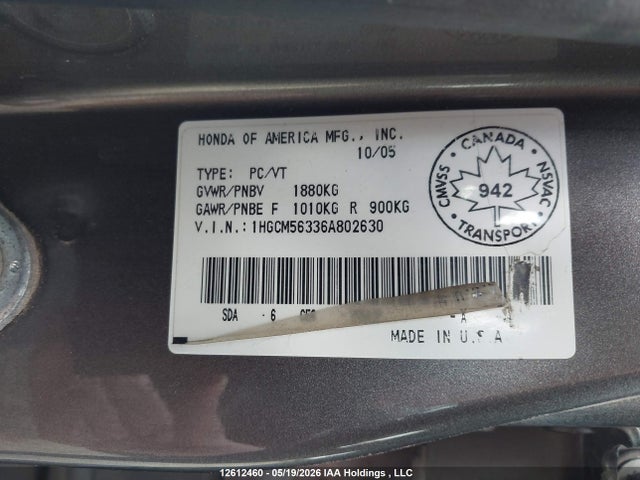 Aukcja sprzedaży 2006 Honda Accord Se, vin: 1HGCM56336A802630, numer aukcji: 12612460