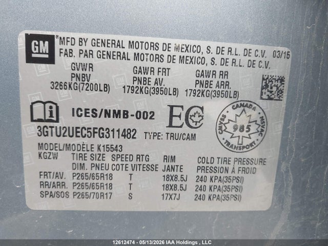 3GTU2UEC5FG311482 GMC Sierra 1500 Sle
