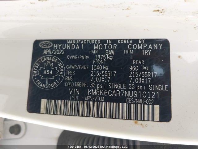 Продаж на аукціоні авто 2022 Hyundai Kona Sel, vin: KM8K6CAB7NU910121, номер лоту: 12612484