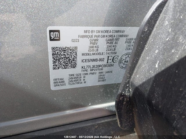 12612487 :رقم المزاد ، KL77LJE20RC003494 vin ، 2024 Chevrolet Trax 2rs مزاد بيع