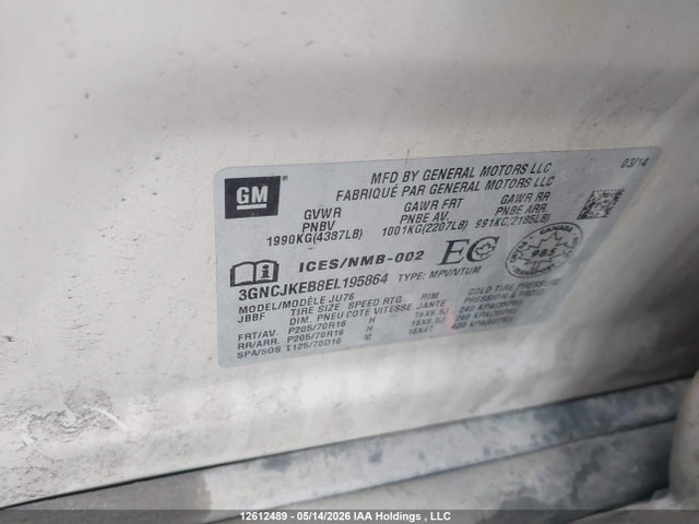 12612489 :رقم المزاد ، 3GNCJKEB8EL195864 vin ، 2014 Chevrolet Trax Ls مزاد بيع
