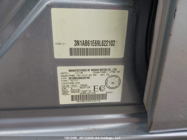 Aukcja sprzedaży 2009 Nissan Sentra 2.0/2.0s/2.0sl, vin: 3N1AB61E69L622102, numer aukcji: 12612499