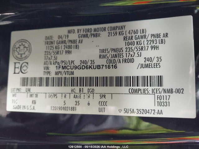 Продажа на аукционе авто 2019 Ford Escape Se, vin: 1FMCU9GD6KUB71616, номер лота: 12612500