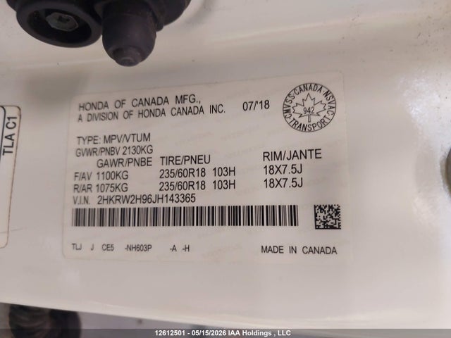 Auction sale of the 2018 Honda Cr-v Touring, vin: 2HKRW2H96JH143365, lot number: 12612501