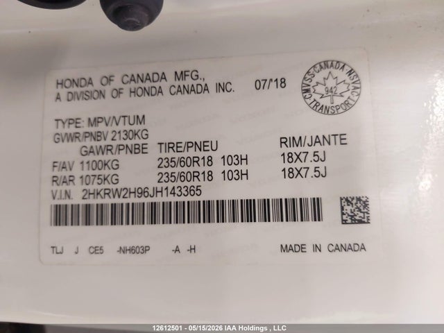 Auction sale of the 2018 Honda Cr-v Touring, vin: 2HKRW2H96JH143365, lot number: 12612501