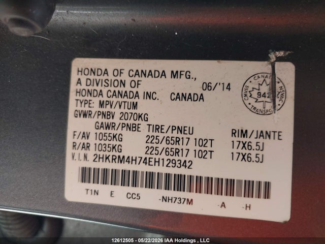 Продаж на аукціоні авто 2014 Honda Cr-v, vin: 2HKRM4H74EH129342, номер лоту: 12612505