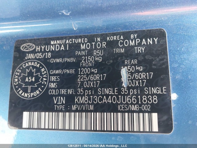 KM8J3CA40JU661838 Hyundai Tucson Luxury 2.0l