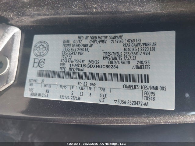 Продаж на аукціоні авто 2017 Ford Escape Se, vin: 1FMCU9GDXHUC69234, номер лоту: 12612513