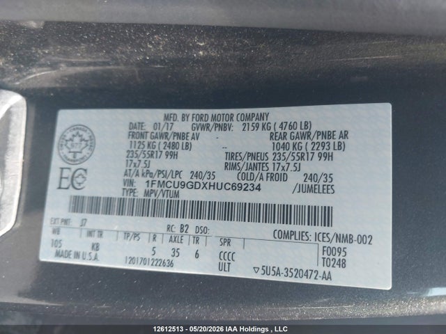 Продаж на аукціоні авто 2017 Ford Escape Se, vin: 1FMCU9GDXHUC69234, номер лоту: 12612513