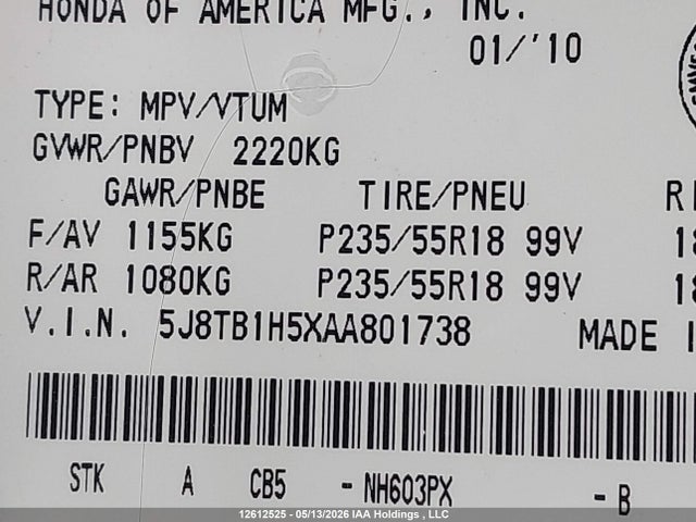 12612525 :رقم المزاد ، 5J8TB1H5XAA801738 vin ، 2010 Acura Rdx Technology مزاد بيع