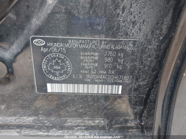 12612529 :رقم المزاد ، 5NPDH4AE0GH671807 vin ، 2016 Hyundai Elantra Se/sport/limited مزاد بيع