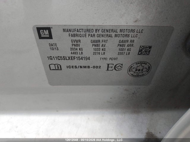 2014 Chevrolet Malibu 1lt მანქანა იყიდება აუქციონზე, vin: 1G11C5SLXEF154194, აუქციონის ნომერი: 12612548