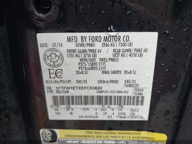 2014 Ford F-150 Fx4 მანქანა იყიდება აუქციონზე, vin: 1FTFW1ETXEFC53820, აუქციონის ნომერი: 12612557