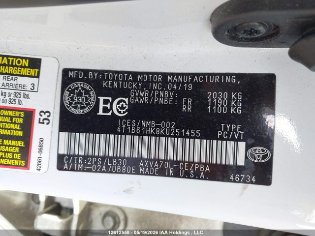 4T1B61HK8KU251455 Toyota CAMRY XSE