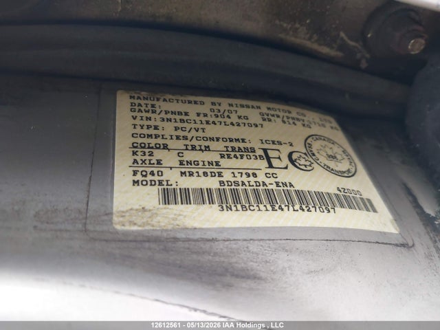 2007 Nissan Versa 1.8s მანქანა იყიდება აუქციონზე, vin: 3N1BC11E47L427097, აუქციონის ნომერი: 12612561