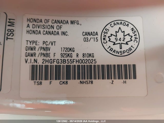 2HGFG3B55FH002025 Honda CIVIC EX