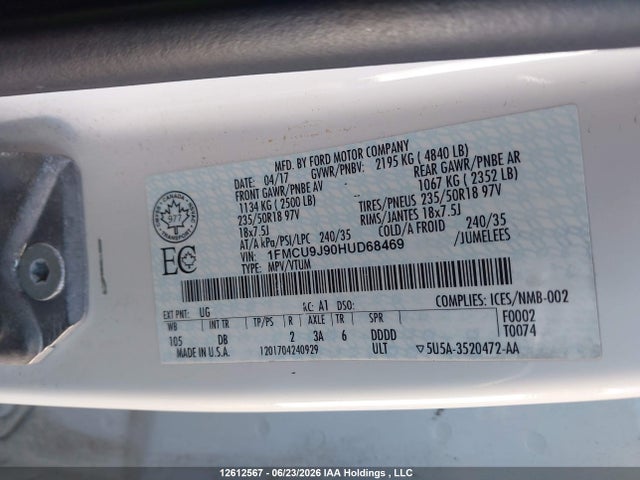 Продаж на аукціоні авто 2017 Ford Escape Titanium, vin: 1FMCU9J90HUD68469, номер лоту: 12612567