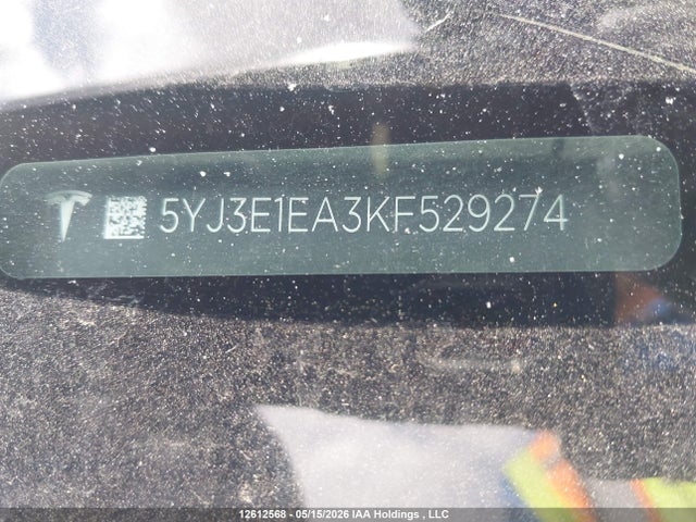 Продаж на аукціоні авто 2019 Tesla Model 3, vin: 5YJ3E1EA3KF529274, номер лоту: 12612568
