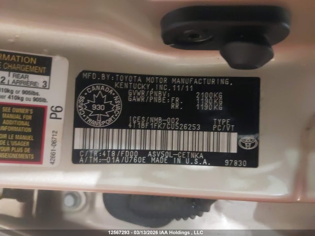 12567293 :رقم المزاد ، 4T1BF1FK7CU526253 vin ، 2012 Toyota Camry Se/le/xle مزاد بيع