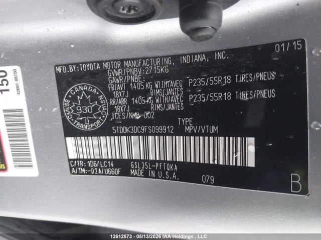 5TDDK3DC9FS099912 Toyota Sienna Xle/limited