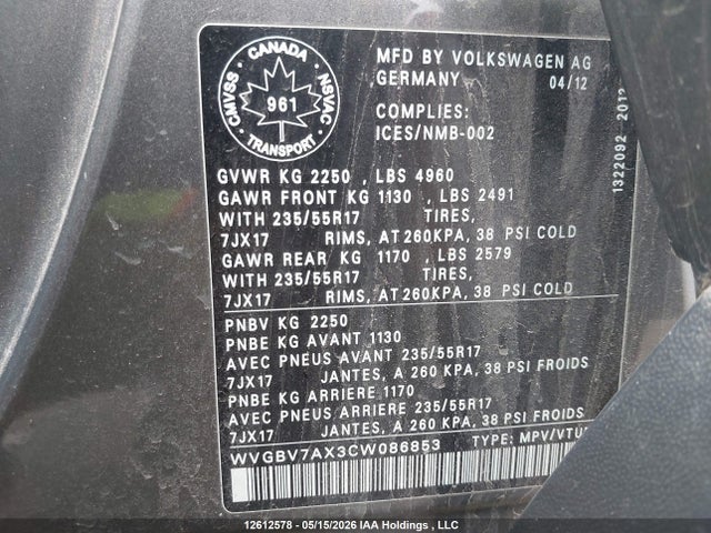 Aukcja sprzedaży 2012 Volkswagen Tiguan, vin: WVGBV7AX3CW086853, numer aukcji: 12612578