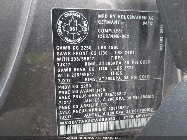 Aukcja sprzedaży 2012 Volkswagen Tiguan, vin: WVGBV7AX3CW086853, numer aukcji: 12612578