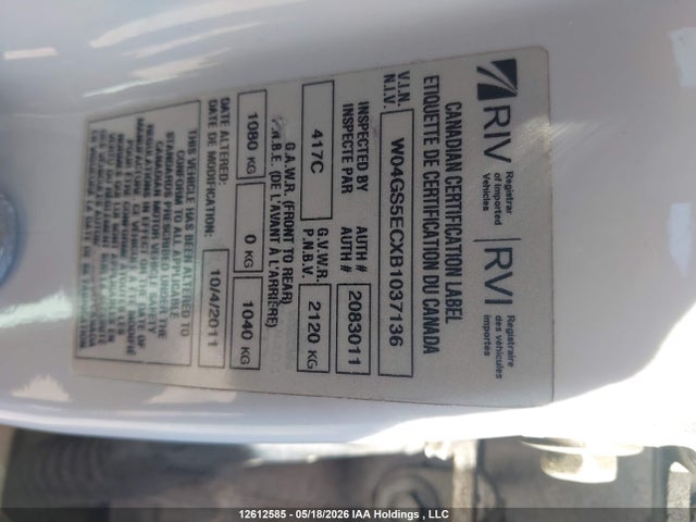 12612585 :رقم المزاد ، W04GS5ECXB1037136 vin ، 2011 Buick Regal Cxl مزاد بيع